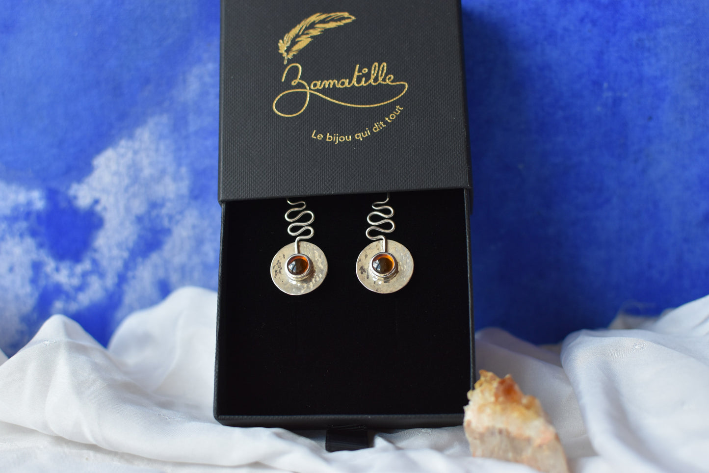 Boucles d'oreilles en argent et ambre - Le soleil ambré